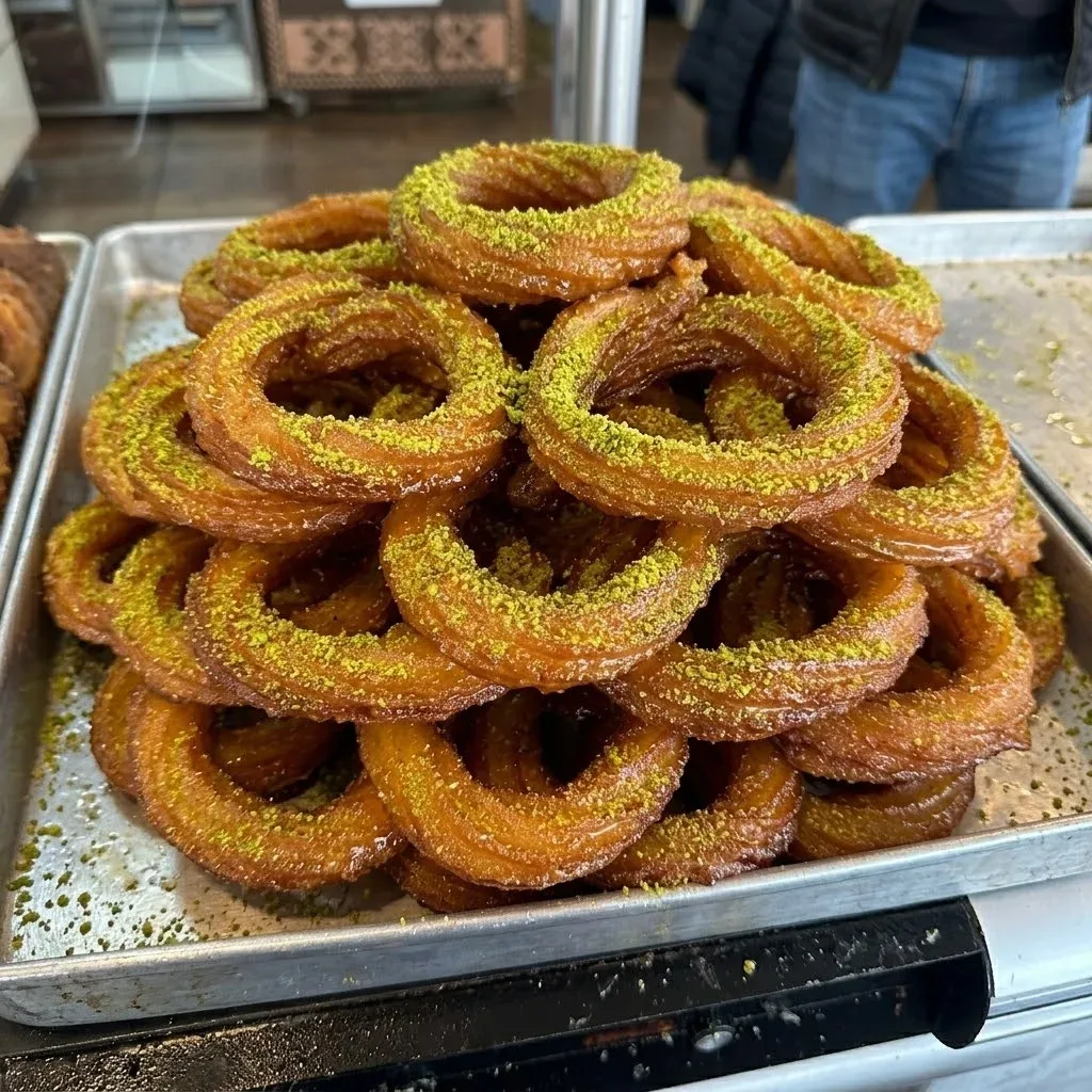 A heaped tray of golden zalabia rings dusted with crushed pistachio